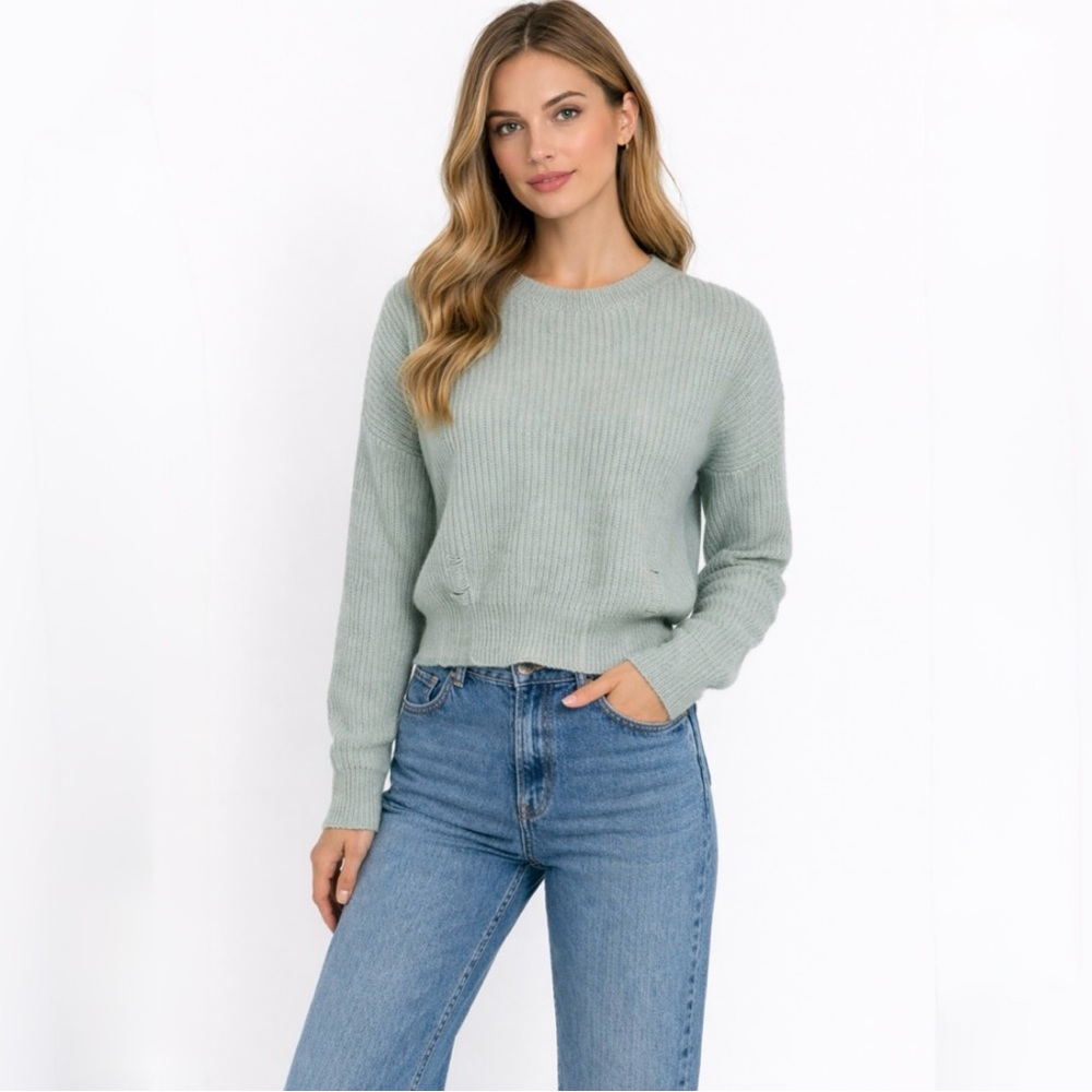 ♨️27 Miles Malibu Kacey Metallic Ice Blue Distress Cashmere Sweater Size Small🧡
